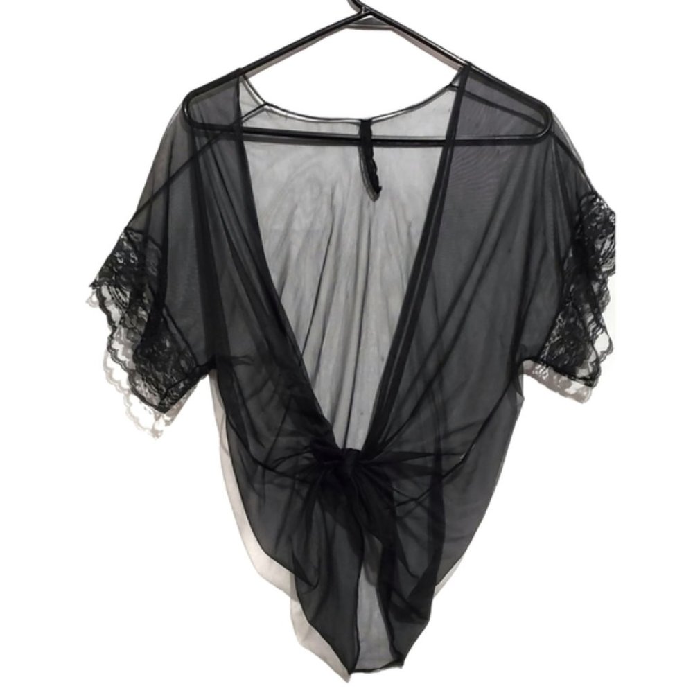 vintage sheer lace mesh lingerie kimono  black